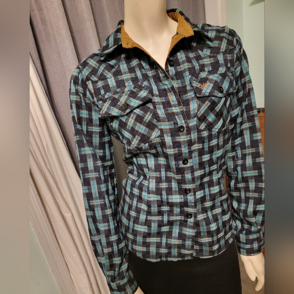 Grunge Outback Trading‎ Co Basketweave Plaid Blue Turquoise Tory Shirt S/M